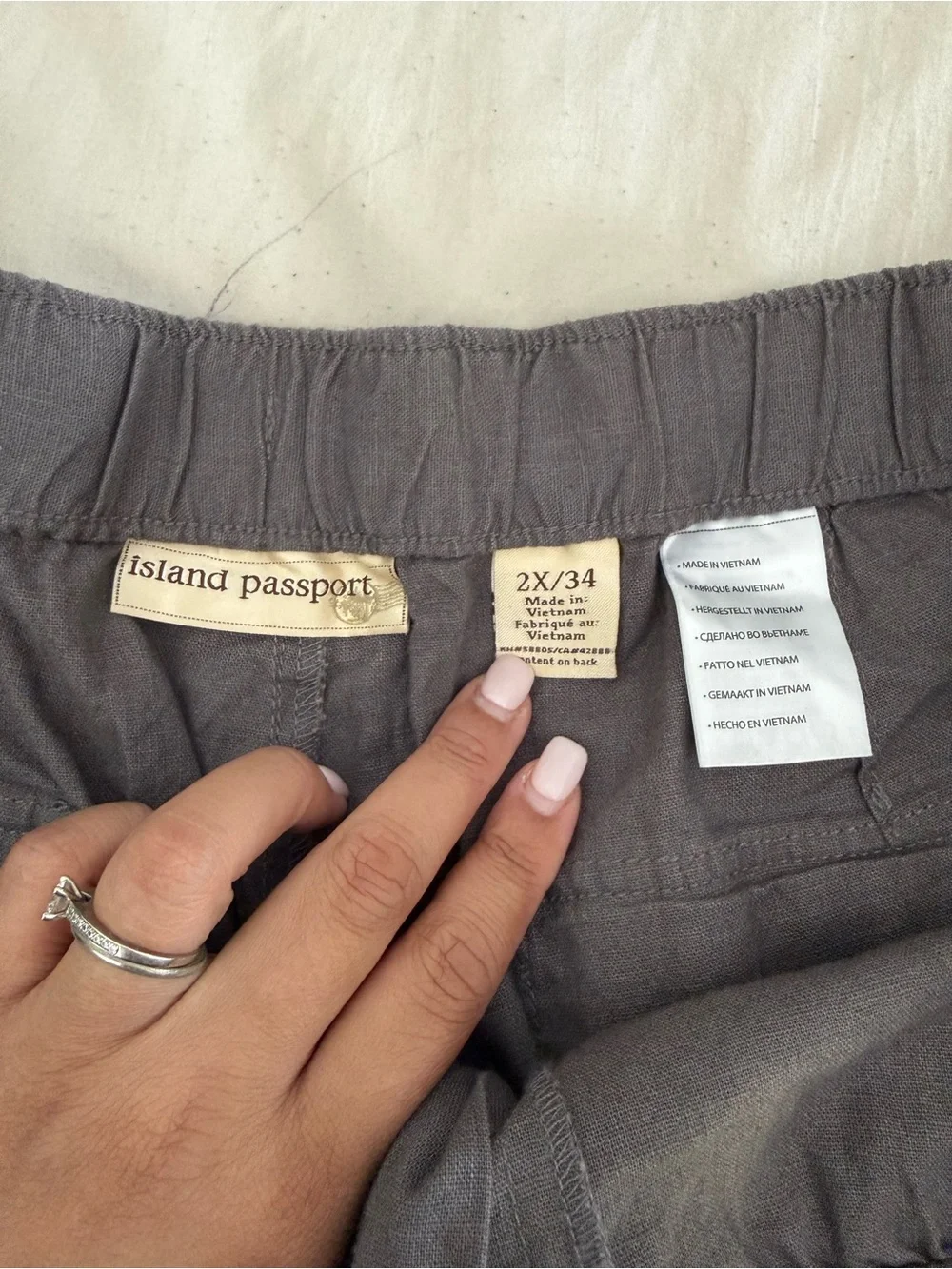 Island Passport Gray Linen Cotton Blend Pull On Pants 2X Elastic Waist Summer